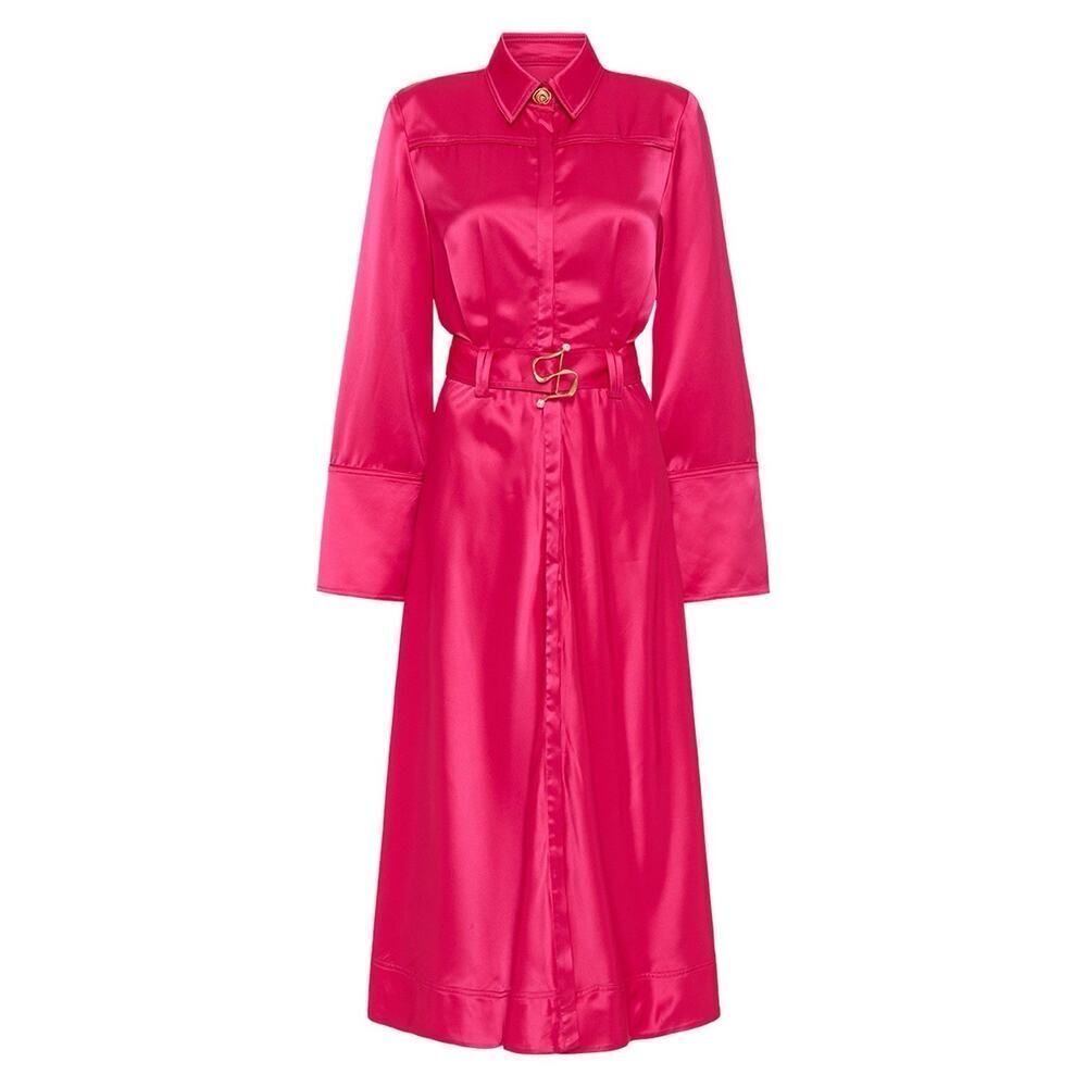 Aje Echo Belted Midi Shirt Dress Hot Pink Satin Fit&flare AU 6 US 2